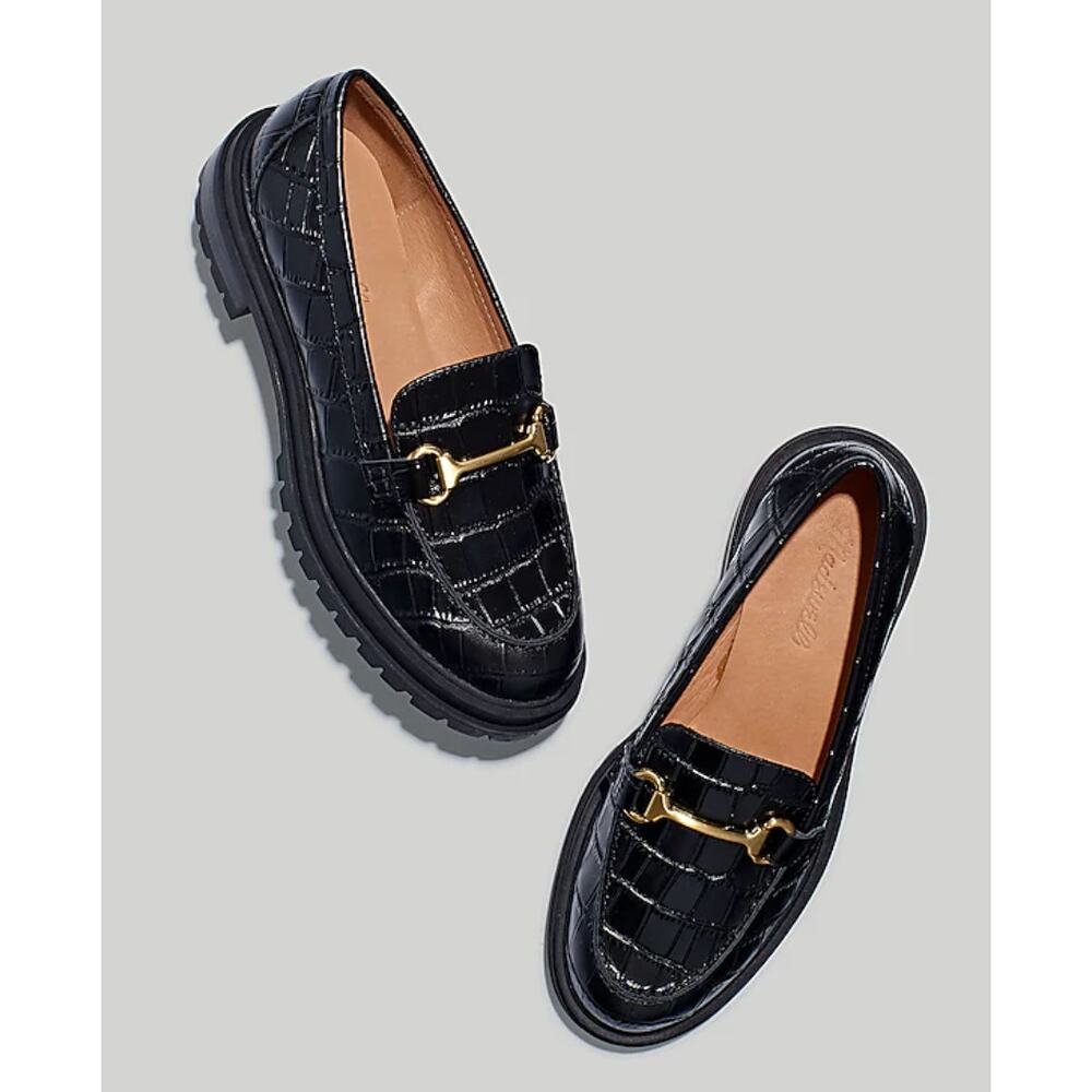 MADEWELL The Bradley Hardware Lugsole Loafer Croc Embossed Leather Black 9